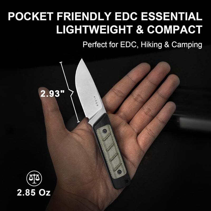 KIZER Smolt Fixed Blade Knife, 2.93" 14C28N Fixed Blade with Black G10 & Micarta Handle, Drop Point EDC Knives with Sheath for Camping Hiking 1063A6 - Image 2